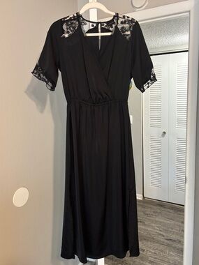 Black Silky Midi Dress with Lace trim